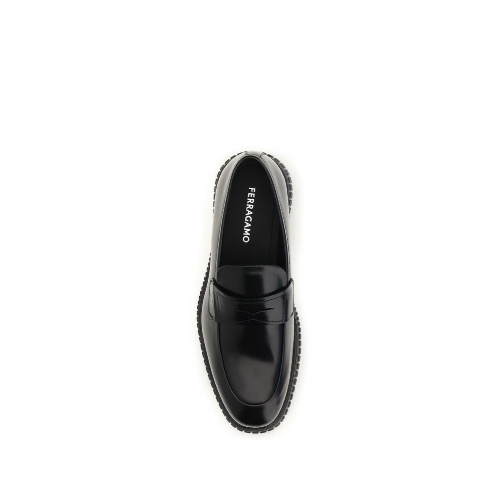 Ferragamo Black Calf Leather Bos Taurus Slip-On Loafers