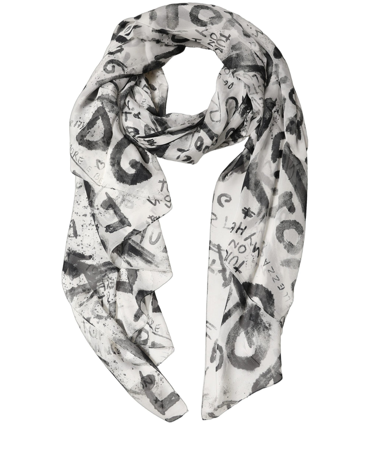 Dolce & Gabbana White Graffiti Logo Silk Shawl Stole Scarf