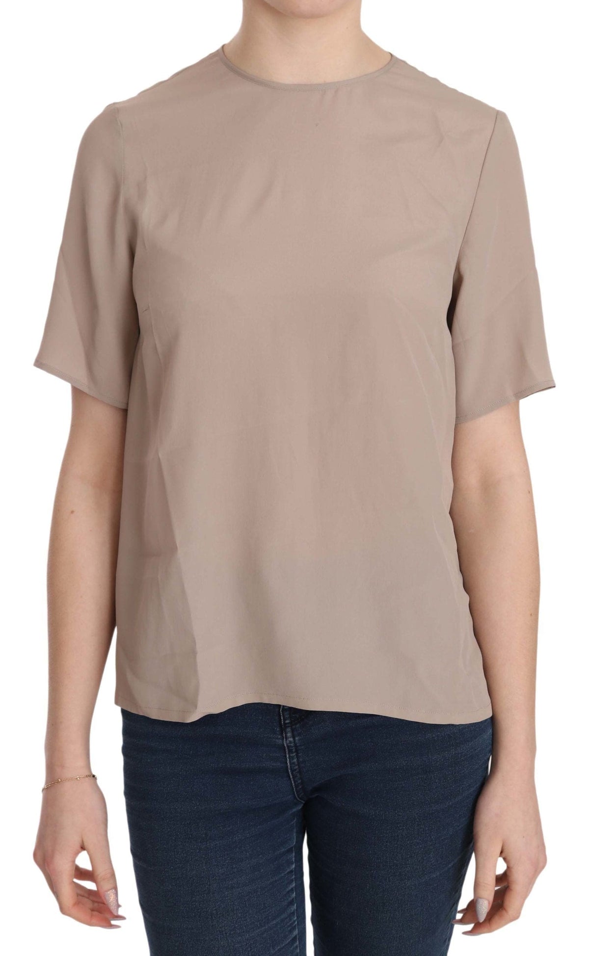 Blusa elegante de cuello redondo en mezcla de seda beige de Dolce &amp; Gabbana