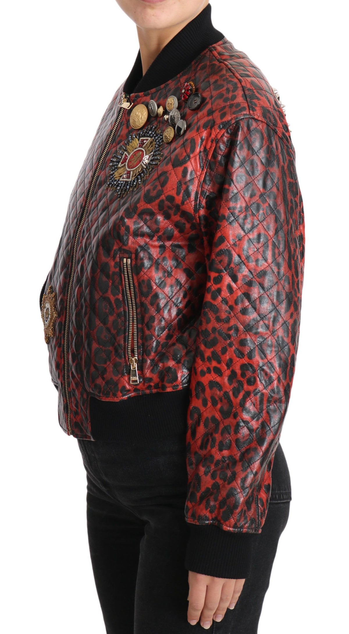 Cazadora bomber de piel con estampado de leopardo rojo y botones de cristal de Dolce &amp; Gabbana