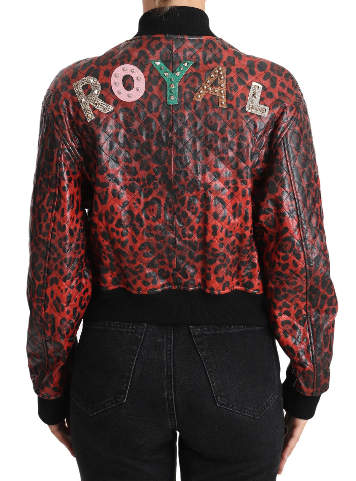 Cazadora bomber de piel con estampado de leopardo rojo y botones de cristal de Dolce &amp; Gabbana