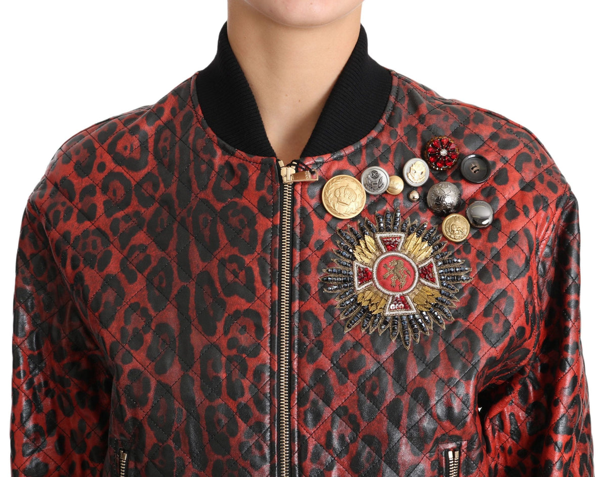 Cazadora bomber de piel con estampado de leopardo rojo y botones de cristal de Dolce &amp; Gabbana