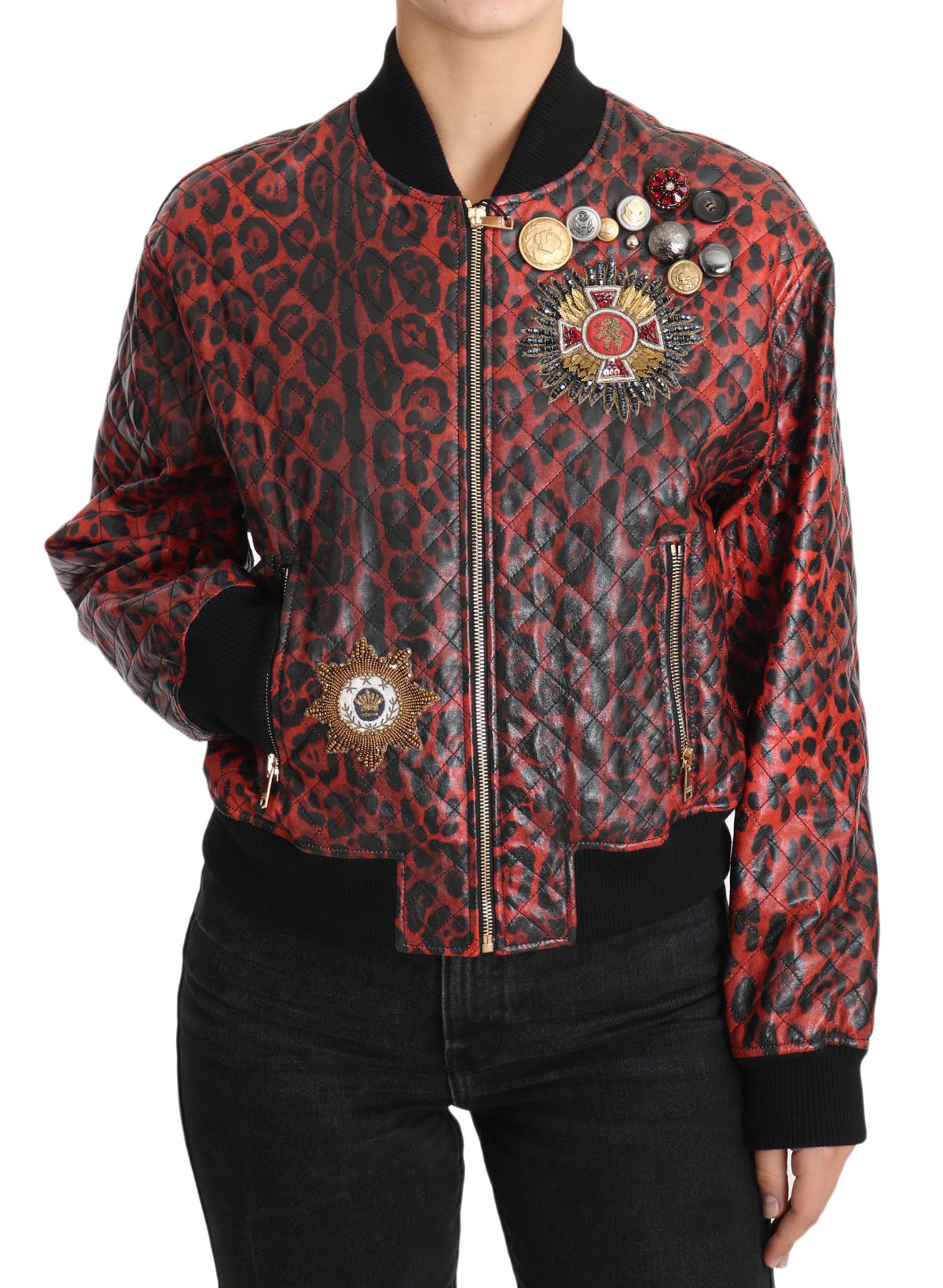 Blouson aviateur en cuir léopard rouge Dolce &amp; Gabbana avec boutons en cristal