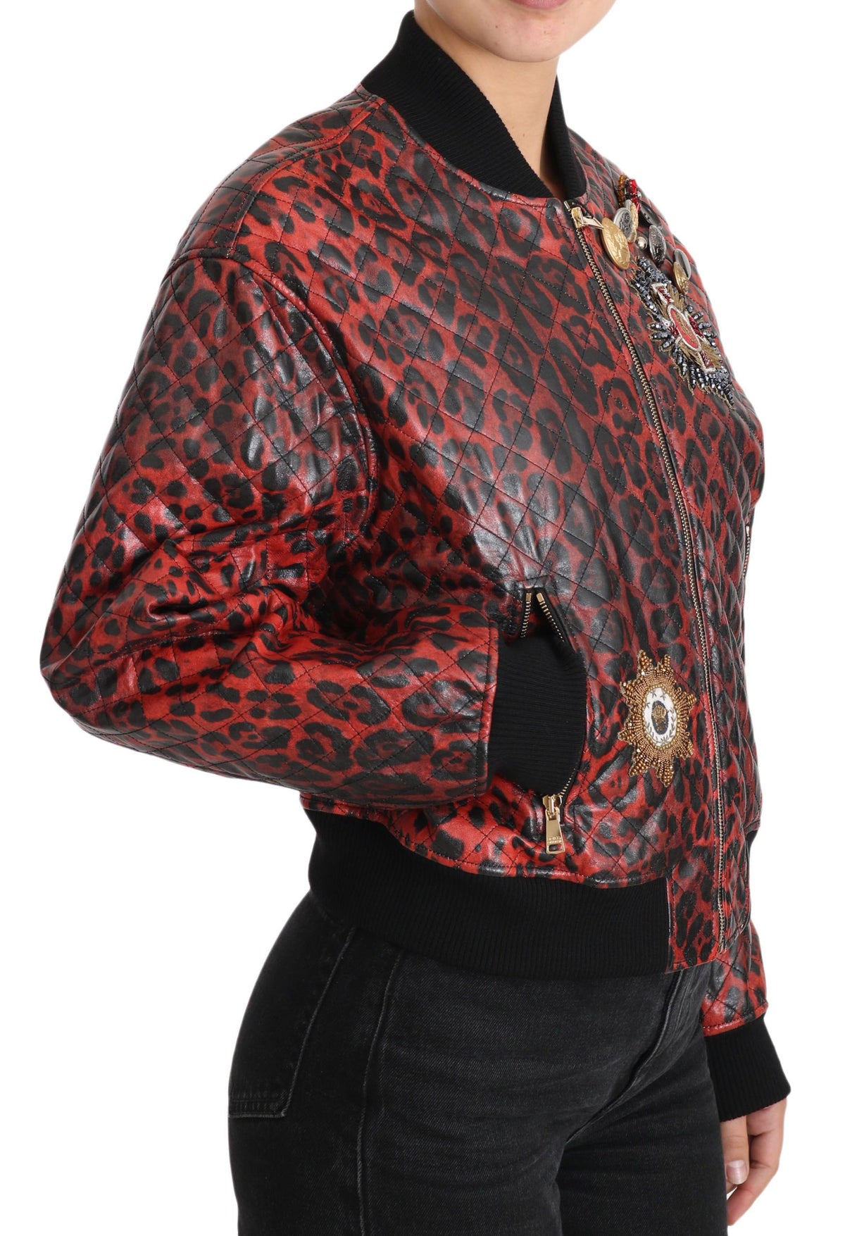 Cazadora bomber de piel con estampado de leopardo rojo y botones de cristal de Dolce &amp; Gabbana