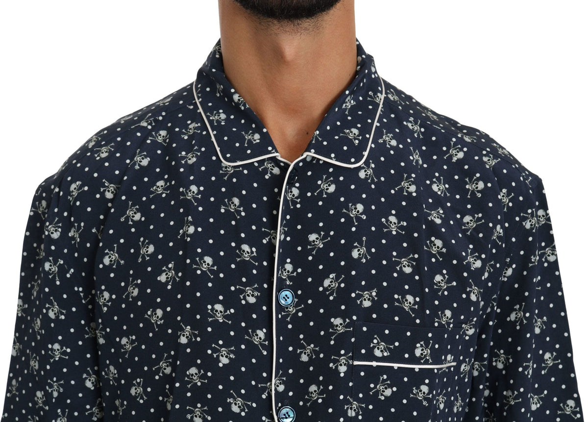 Camisa de descanso con estampado de calaveras azules de Dolce &amp; Gabbana Silken Elegance