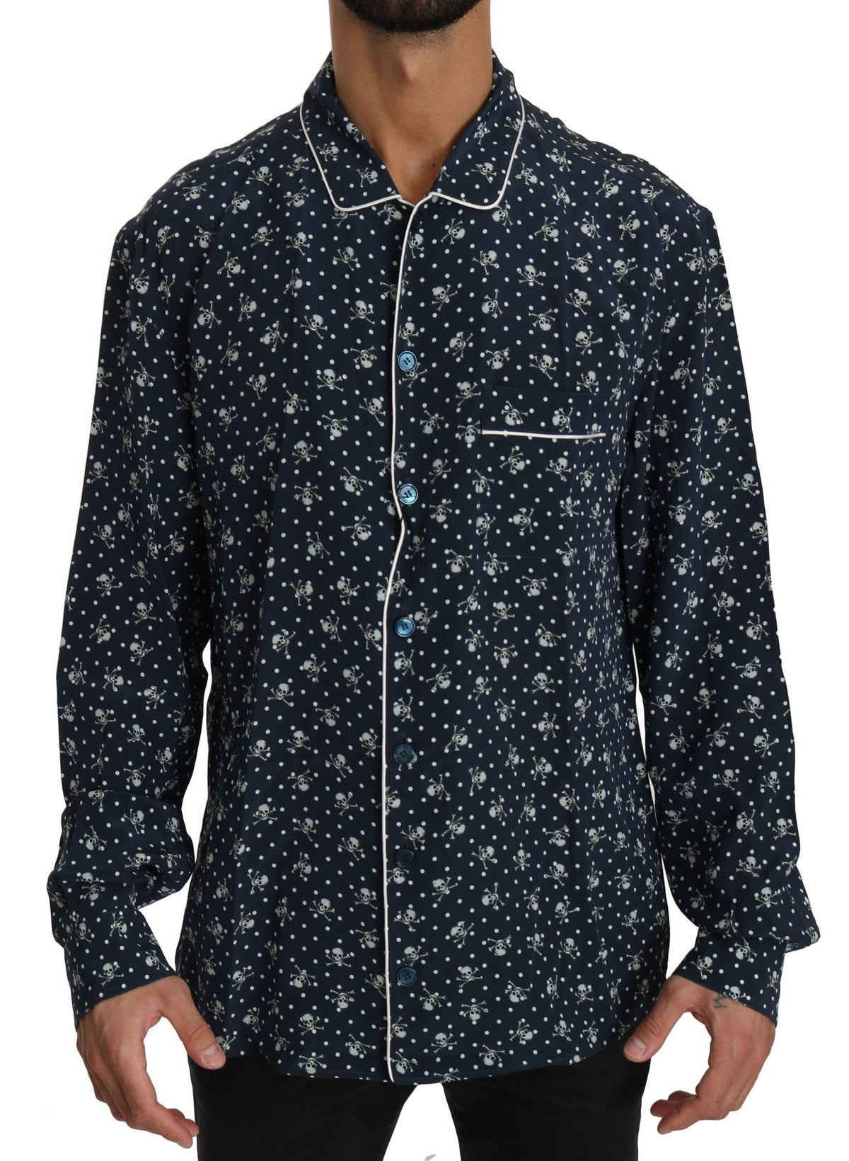 Camisa de descanso con estampado de calaveras azules de Dolce &amp; Gabbana Silken Elegance