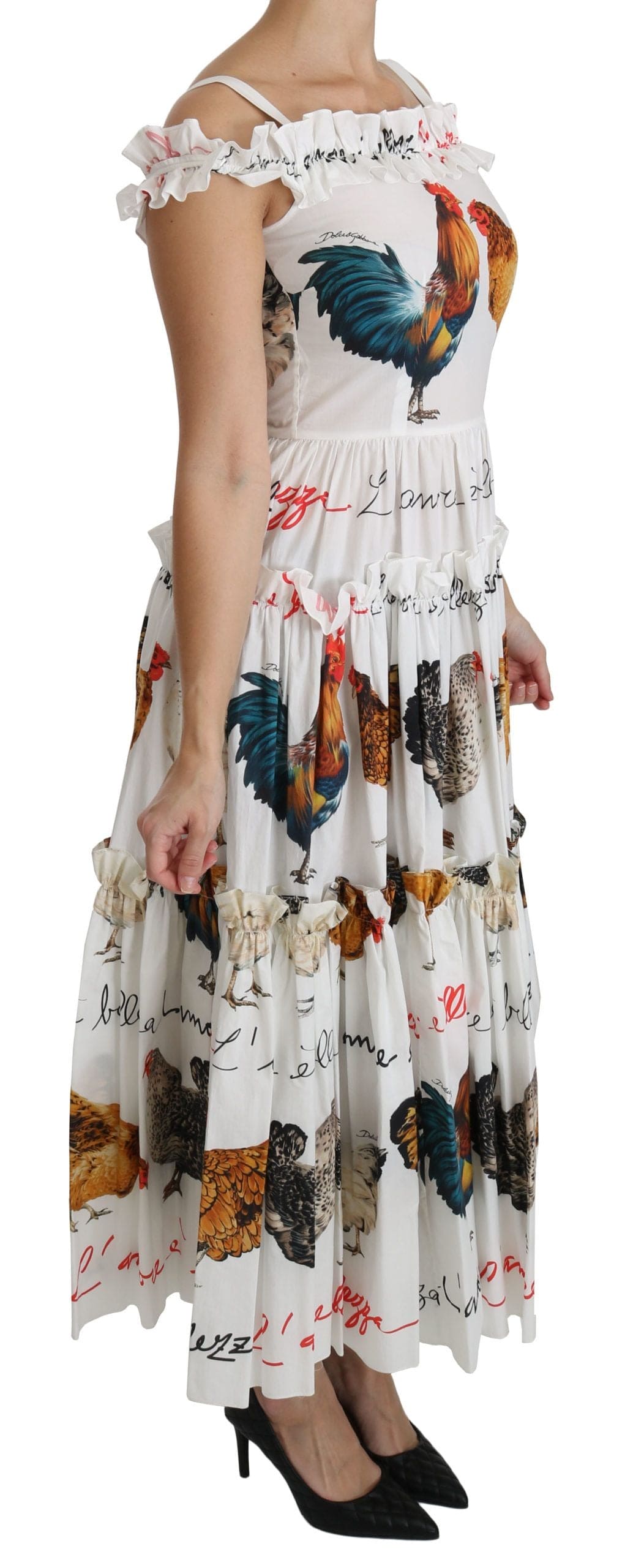 Vestido midi elegante con estampado de gallo blanco de Dolce &amp; Gabbana