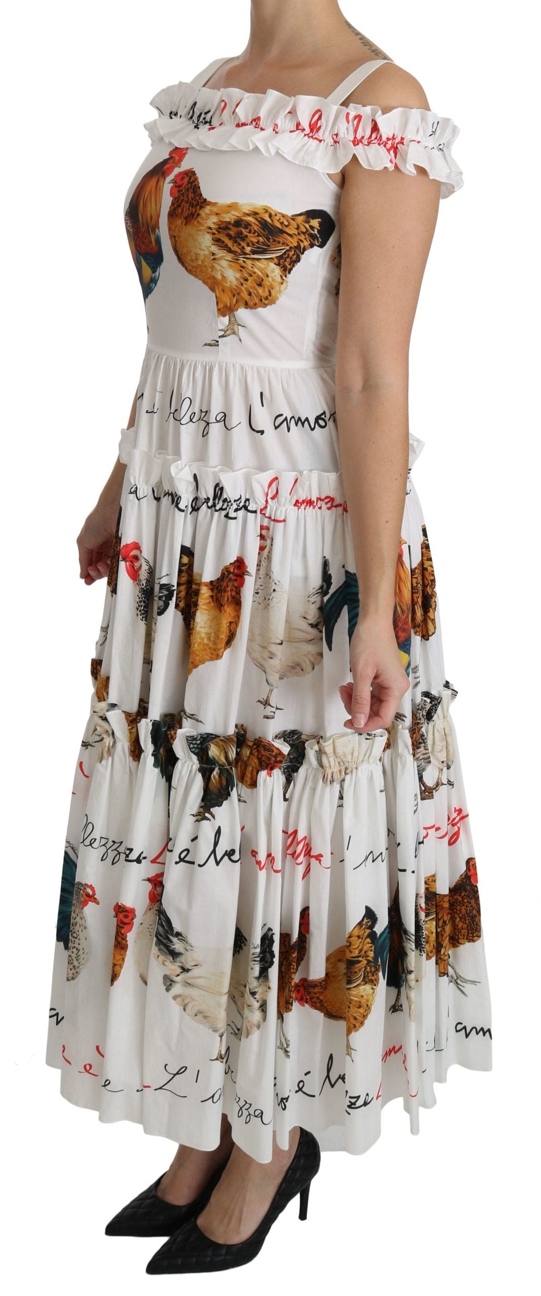 Vestido midi elegante con estampado de gallo blanco de Dolce &amp; Gabbana