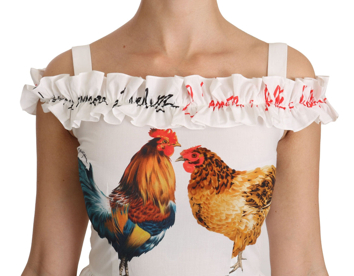 Vestido midi elegante con estampado de gallo blanco de Dolce &amp; Gabbana