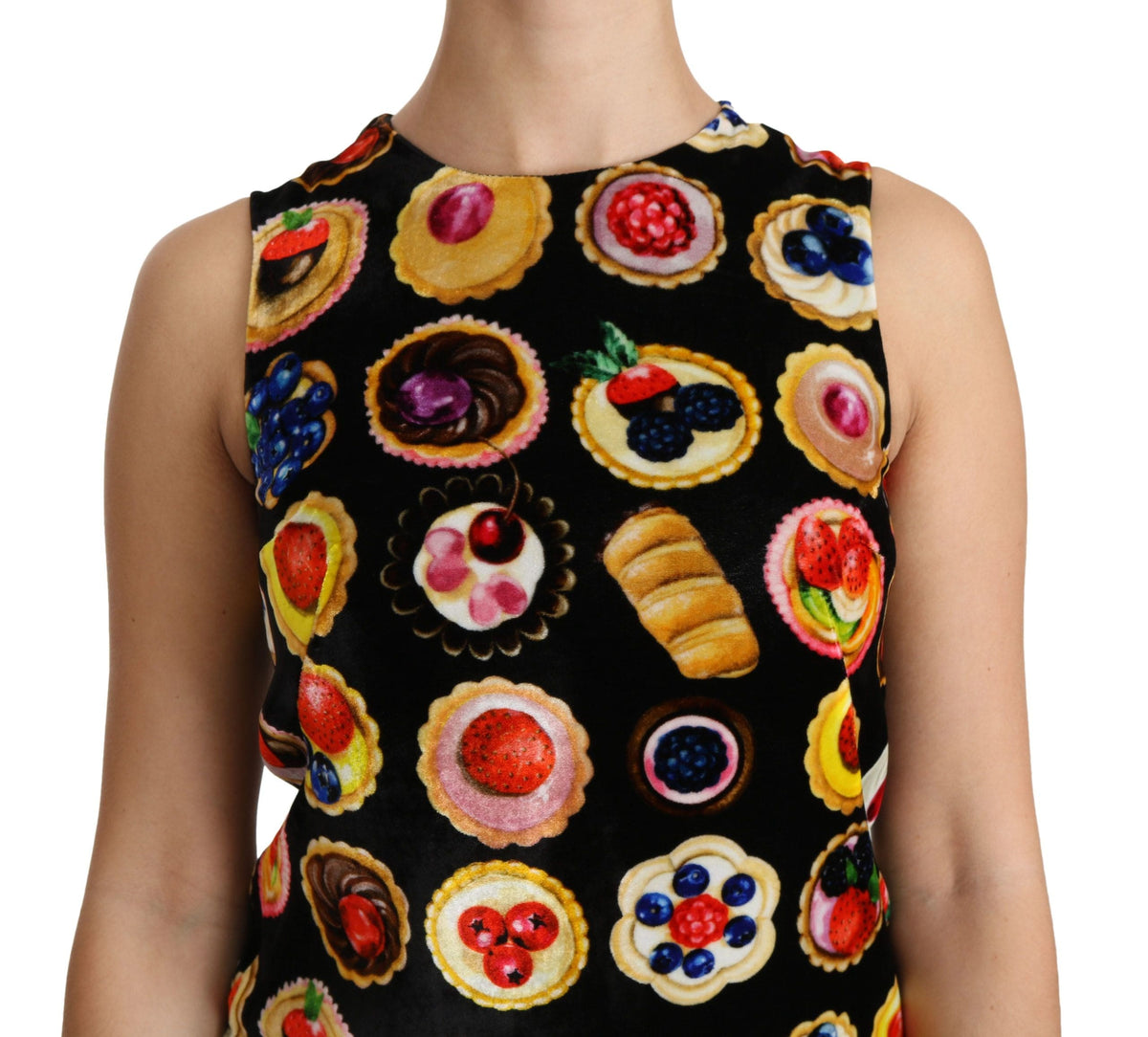 Robe courte droite à imprimé desserts noire chic de Dolce &amp; Gabbana