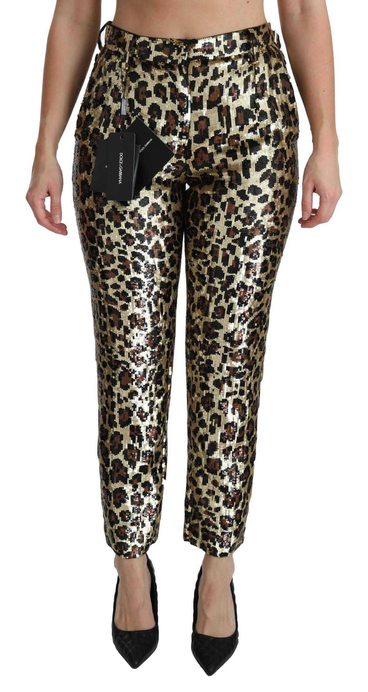 Pantalones elegantes de cintura alta con estampado de leopardo y lentejuelas de Dolce &amp; Gabbana