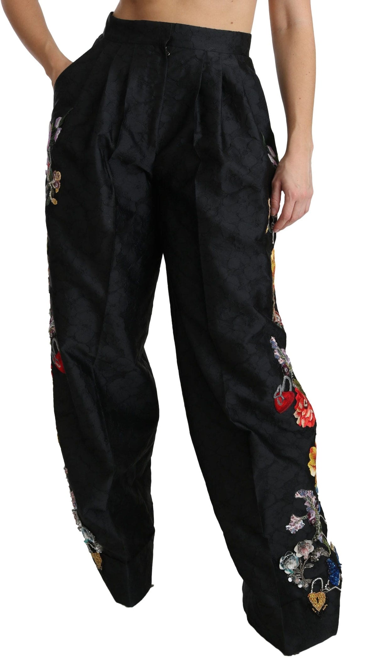 Pantalones elegantes de cintura alta y pierna ancha con estampado floral de Dolce &amp; Gabbana