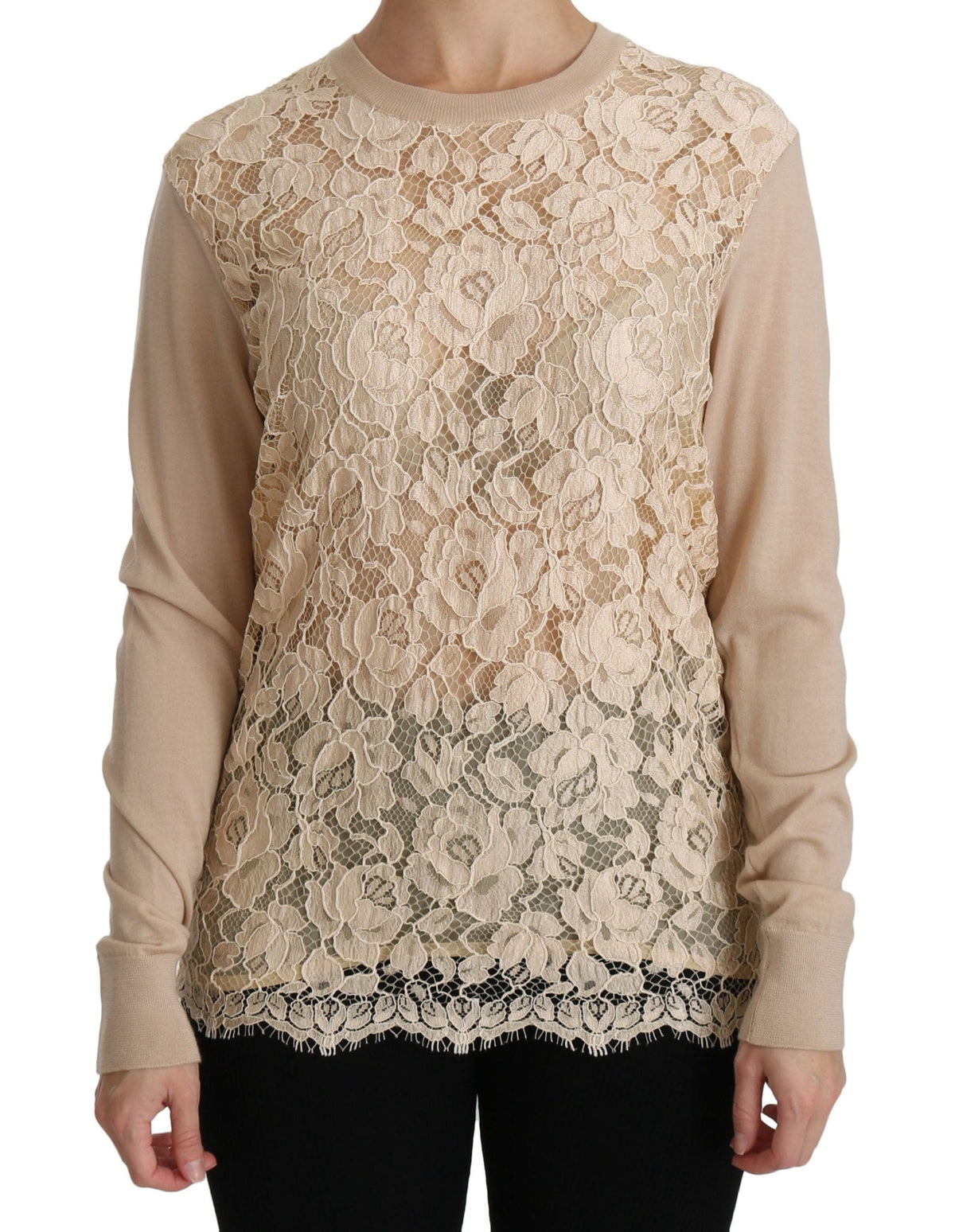 Blusa elegante de cachemira con cuello redondo y encaje beige de Dolce &amp; Gabbana