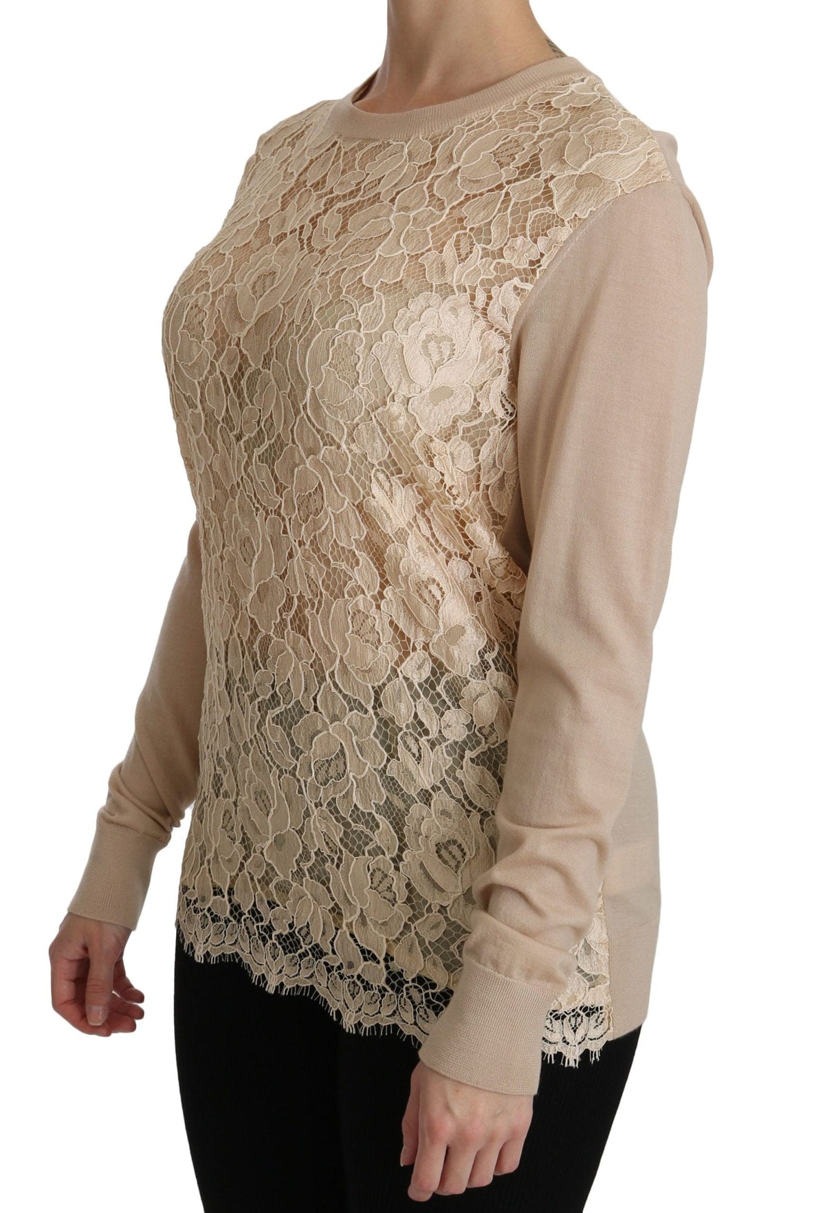 Blusa elegante de cachemira con cuello redondo y encaje beige de Dolce &amp; Gabbana