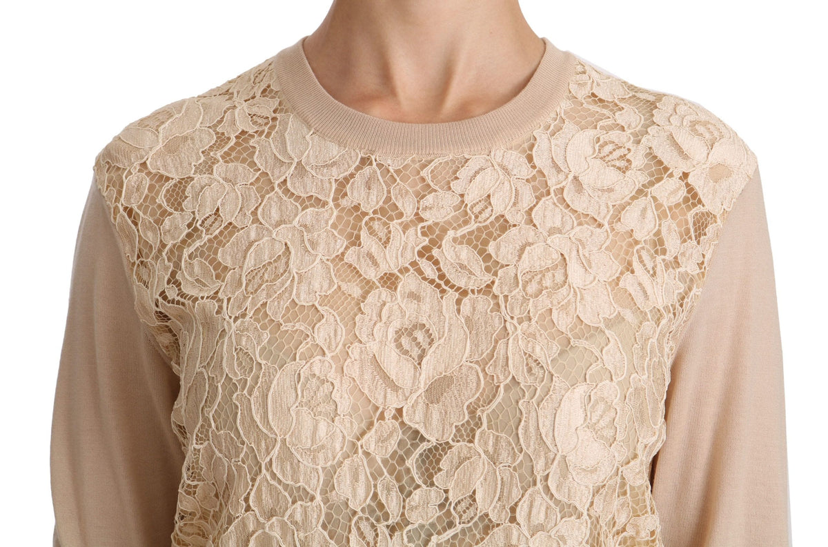 Blusa elegante de cachemira con cuello redondo y encaje beige de Dolce &amp; Gabbana