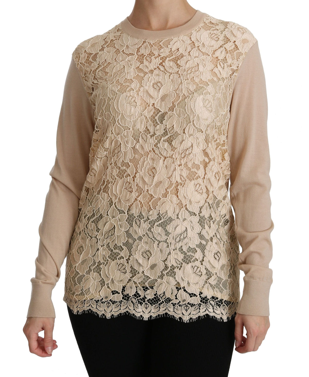 Blusa elegante de cachemira con cuello redondo y encaje beige de Dolce &amp; Gabbana