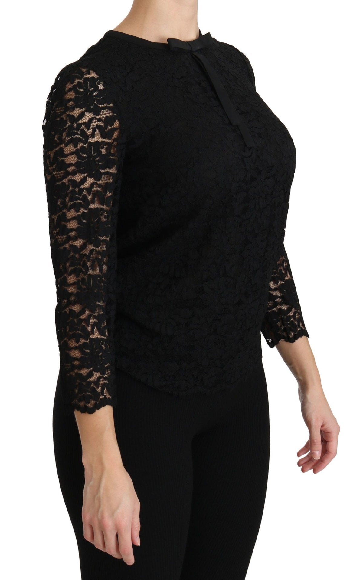 Blusa elegante de encaje negro con cuello redondo de Dolce &amp; Gabbana