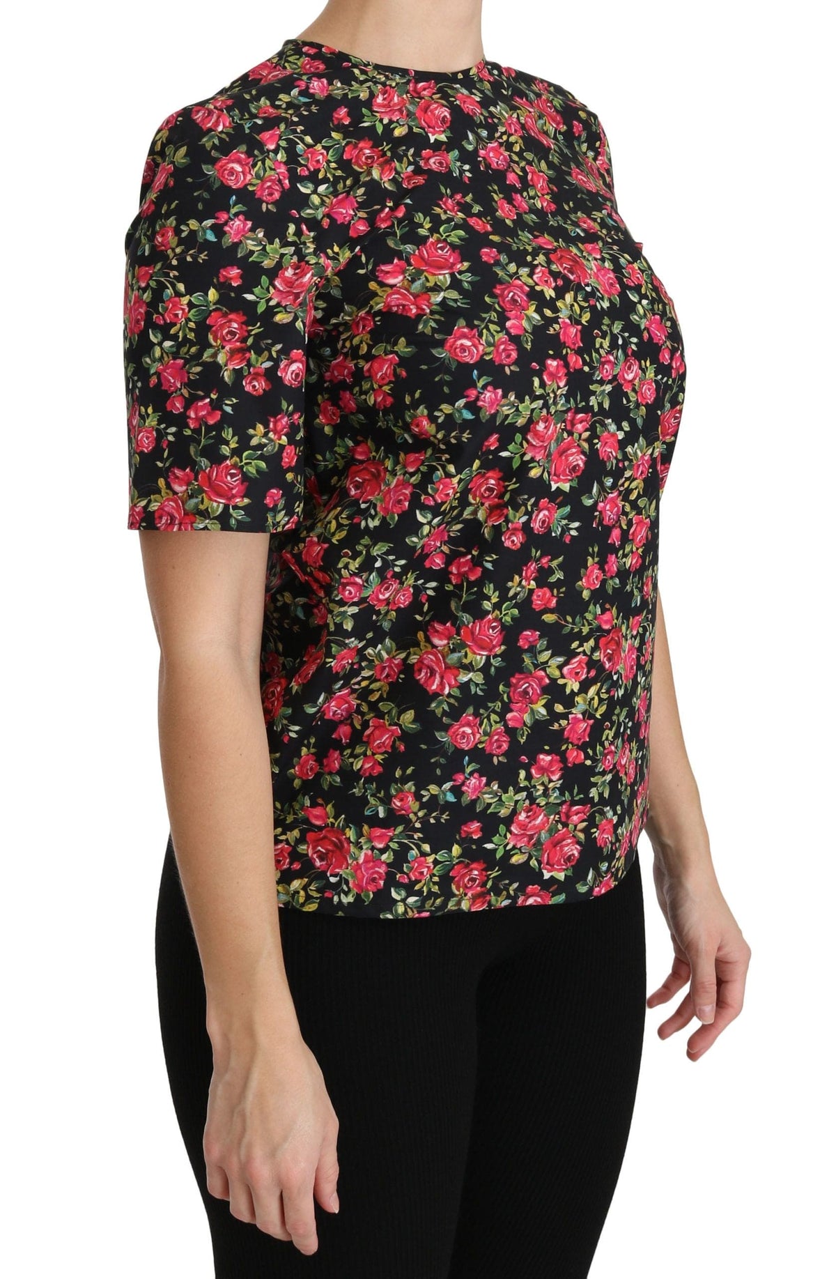 Elegante top de cuello redondo con estampado floral negro de Dolce &amp; Gabbana