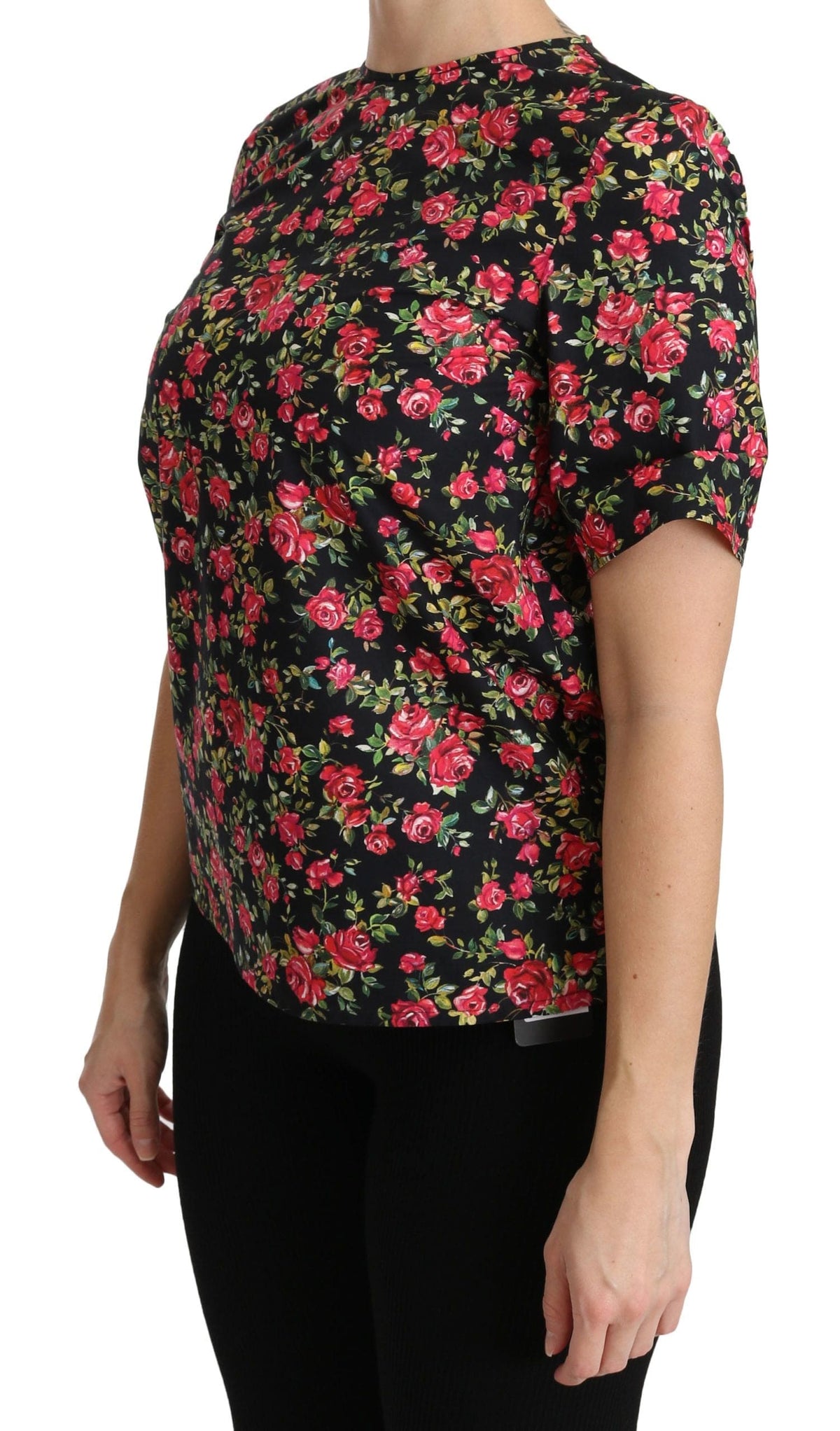 Elegante top de cuello redondo con estampado floral negro de Dolce &amp; Gabbana