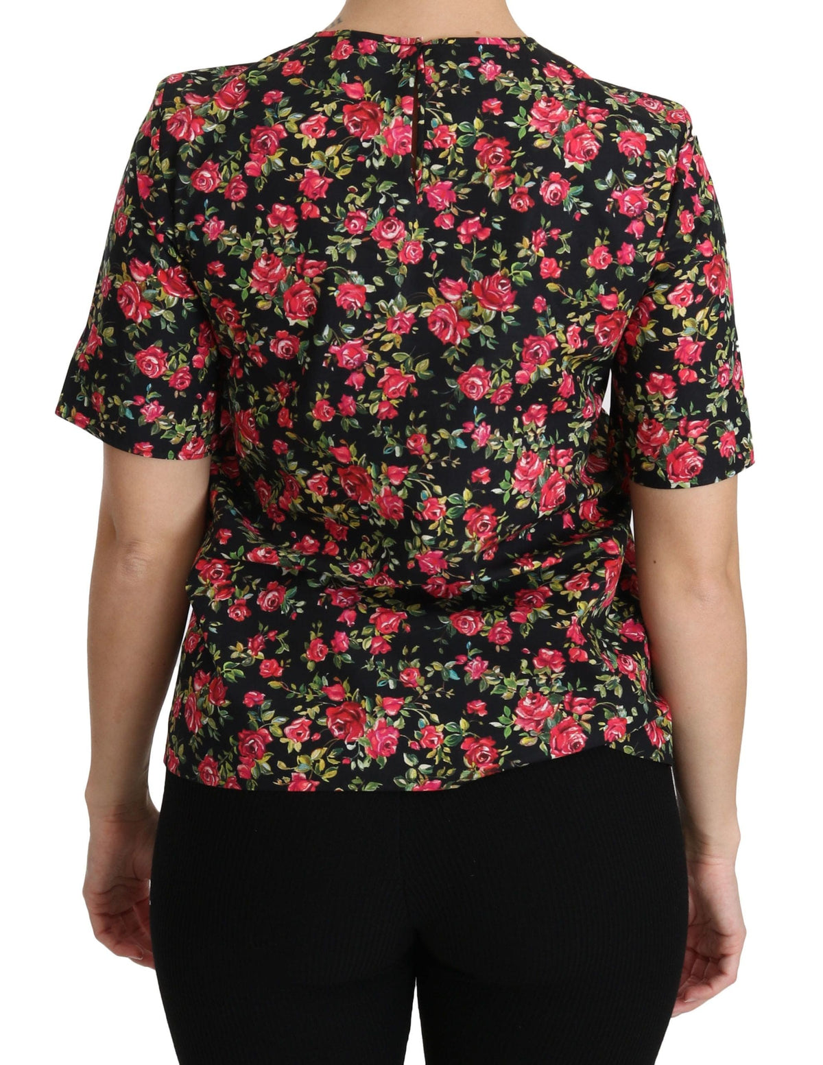 Elegante top de cuello redondo con estampado floral negro de Dolce &amp; Gabbana