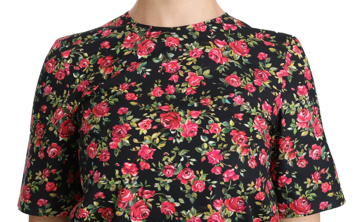 Elegante top de cuello redondo con estampado floral negro de Dolce &amp; Gabbana