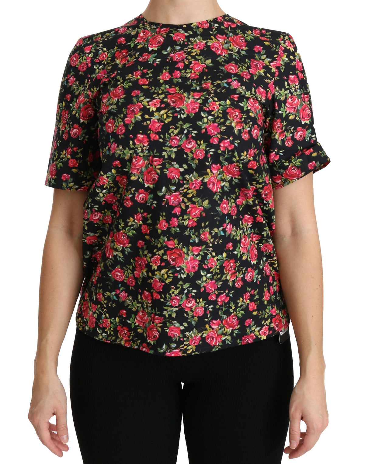 Elegante top de cuello redondo con estampado floral negro de Dolce &amp; Gabbana