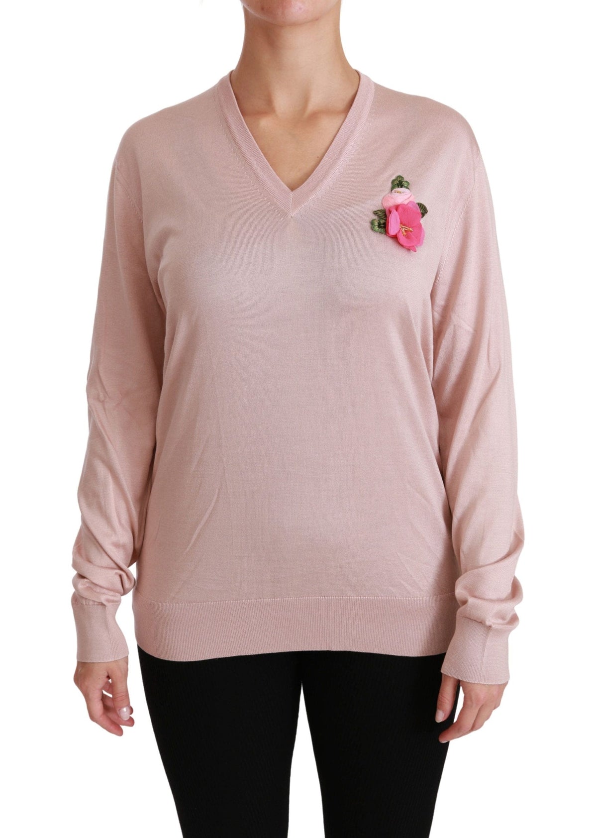 Pull col V en soie à fleurs roses Dolce &amp; Gabbana