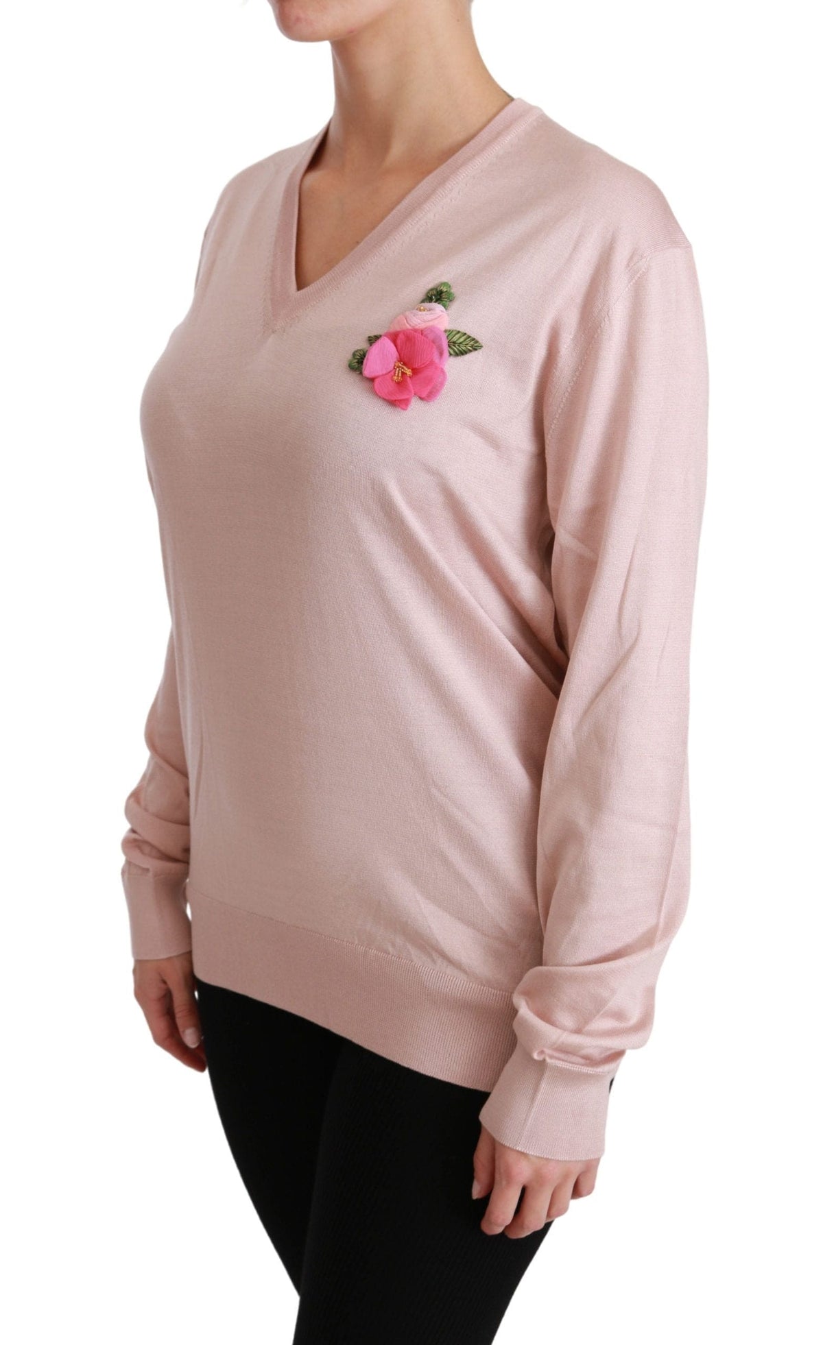 Pull col V en soie à fleurs roses Dolce &amp; Gabbana