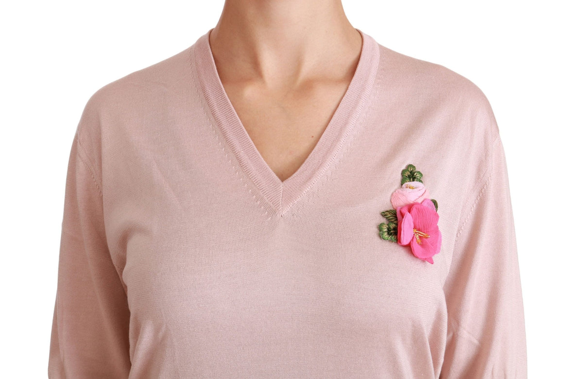 Pull col V en soie à fleurs roses Dolce &amp; Gabbana