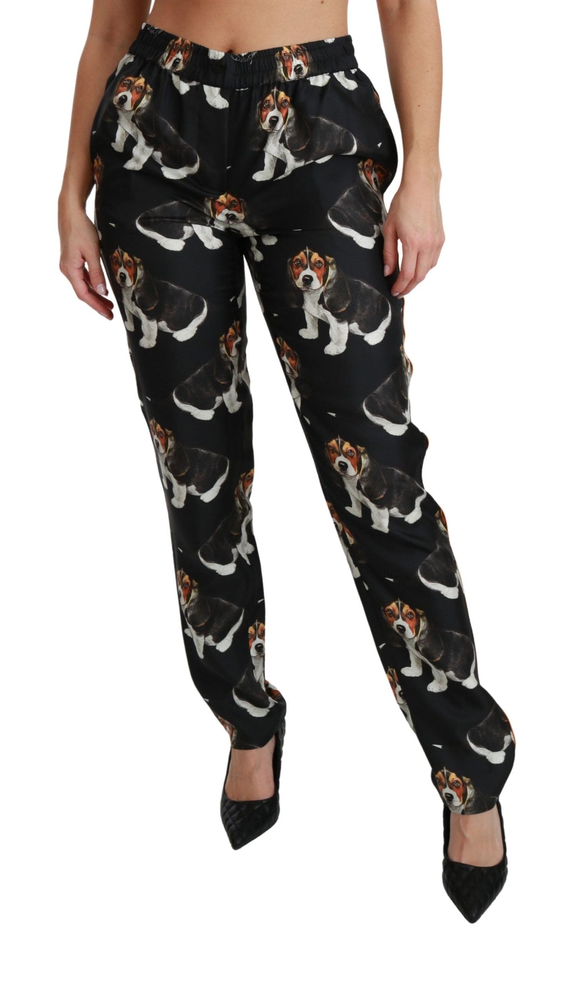 Pantalones elegantes de seda con estampado de cachorros de Dolce &amp; Gabbana