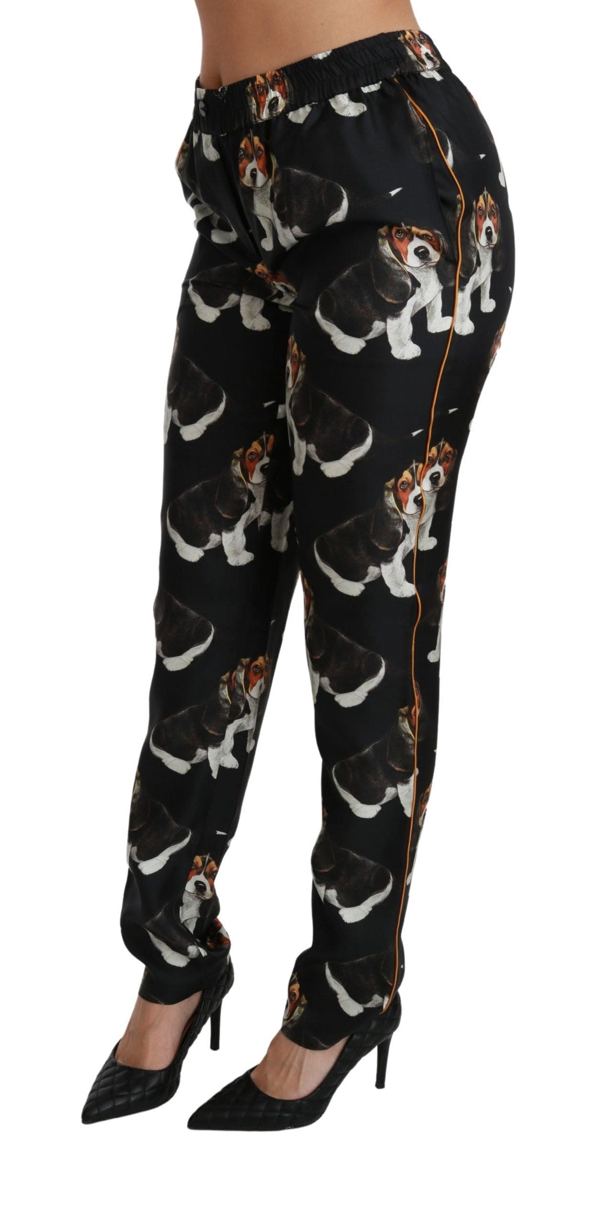 Pantalones elegantes de seda con estampado de cachorros de Dolce &amp; Gabbana