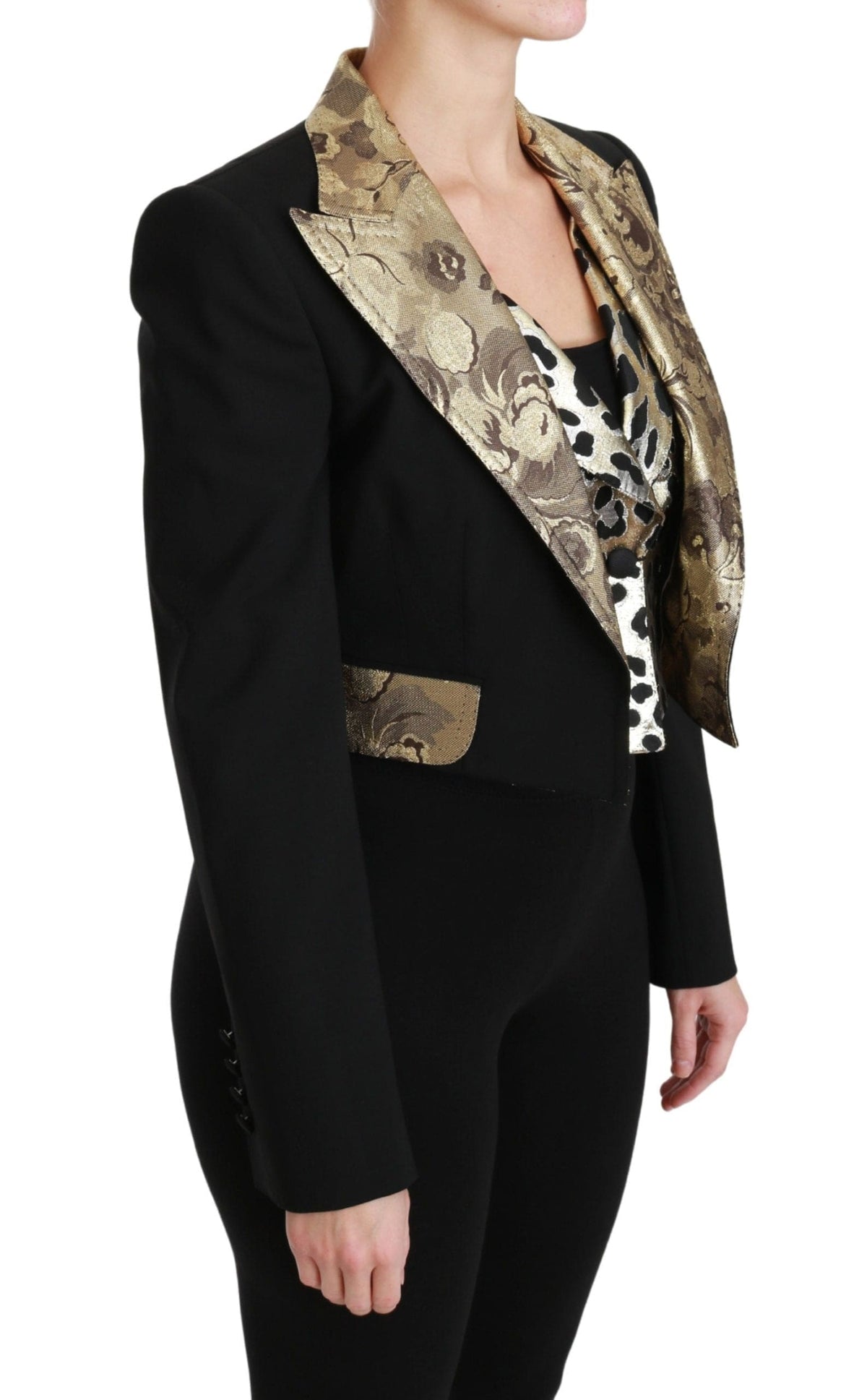 Conjunto de chaqueta y chaleco con estampado floral dorado y negro opulento de Dolce &amp; Gabbana