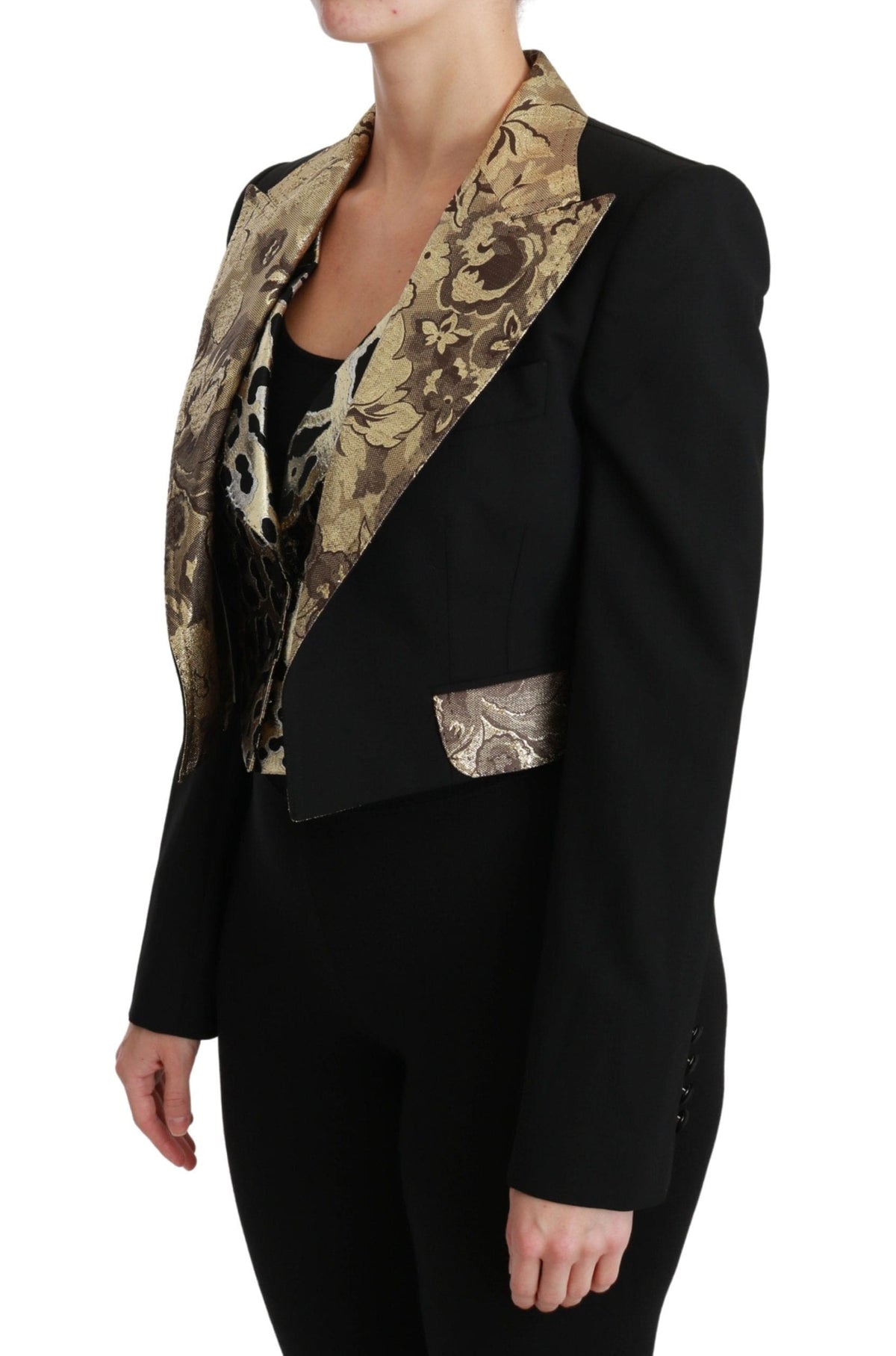 Conjunto de chaqueta y chaleco con estampado floral dorado y negro opulento de Dolce &amp; Gabbana