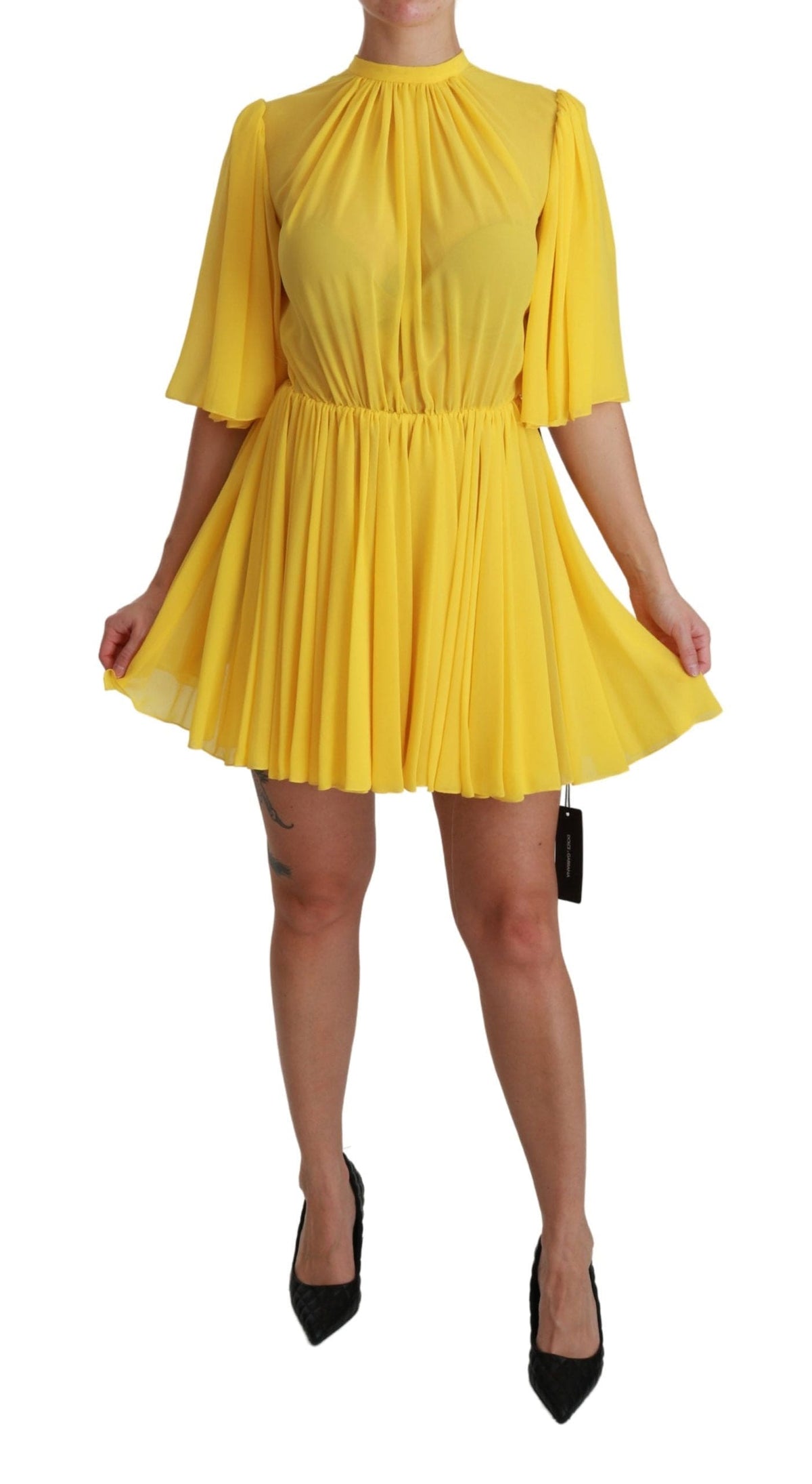 Robe courte plissée en soie coupe trapèze Dolce &amp; Gabbana en jaune soleil