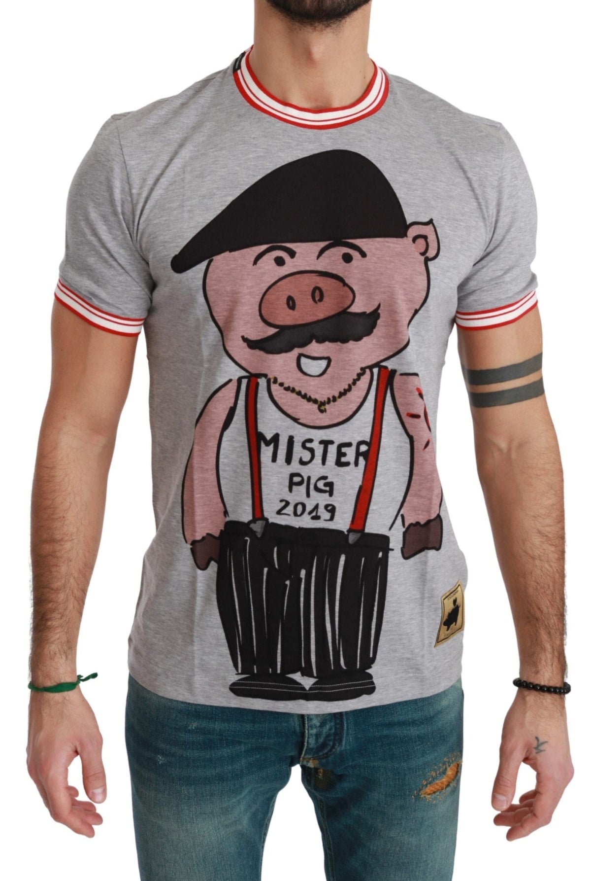 T-shirt en coton gris chic Dolce &amp; Gabbana avec motif Année du Cochon