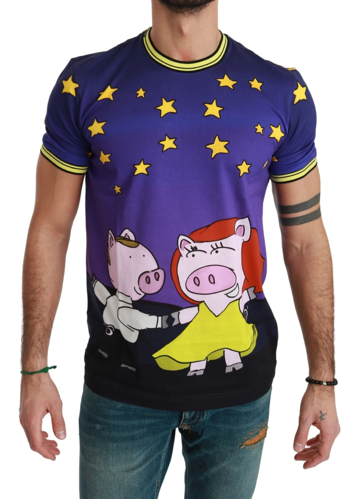 T-shirt col rond en coton violet Dolce &amp; Gabbana avec motif cochon