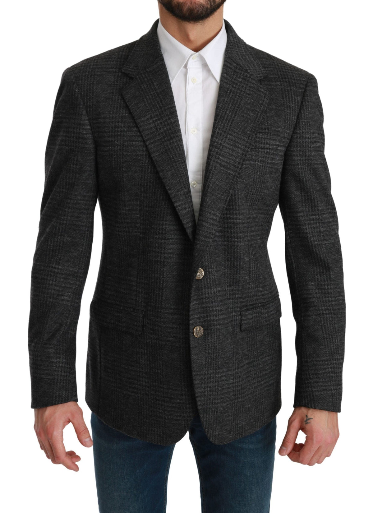 Blazer élégant en laine vierge à carreaux gris Dolce &amp; Gabbana