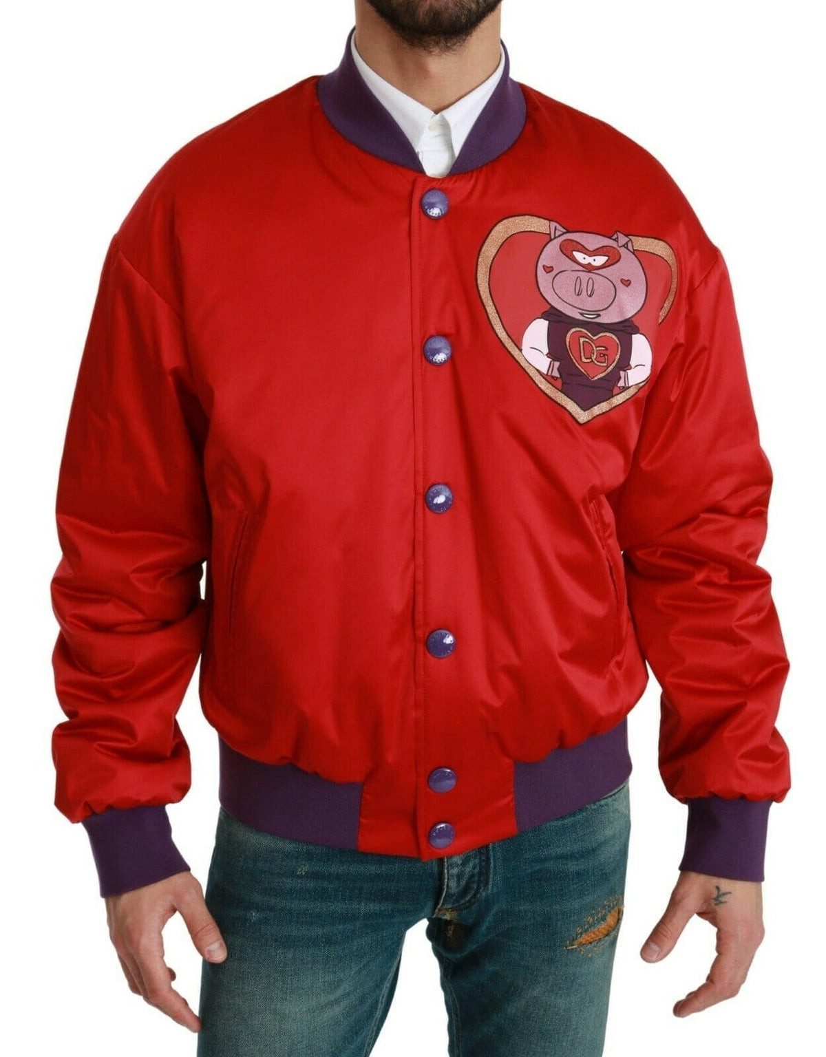 Blouson aviateur rouge vif Dolce &amp; Gabbana à motif multicolore