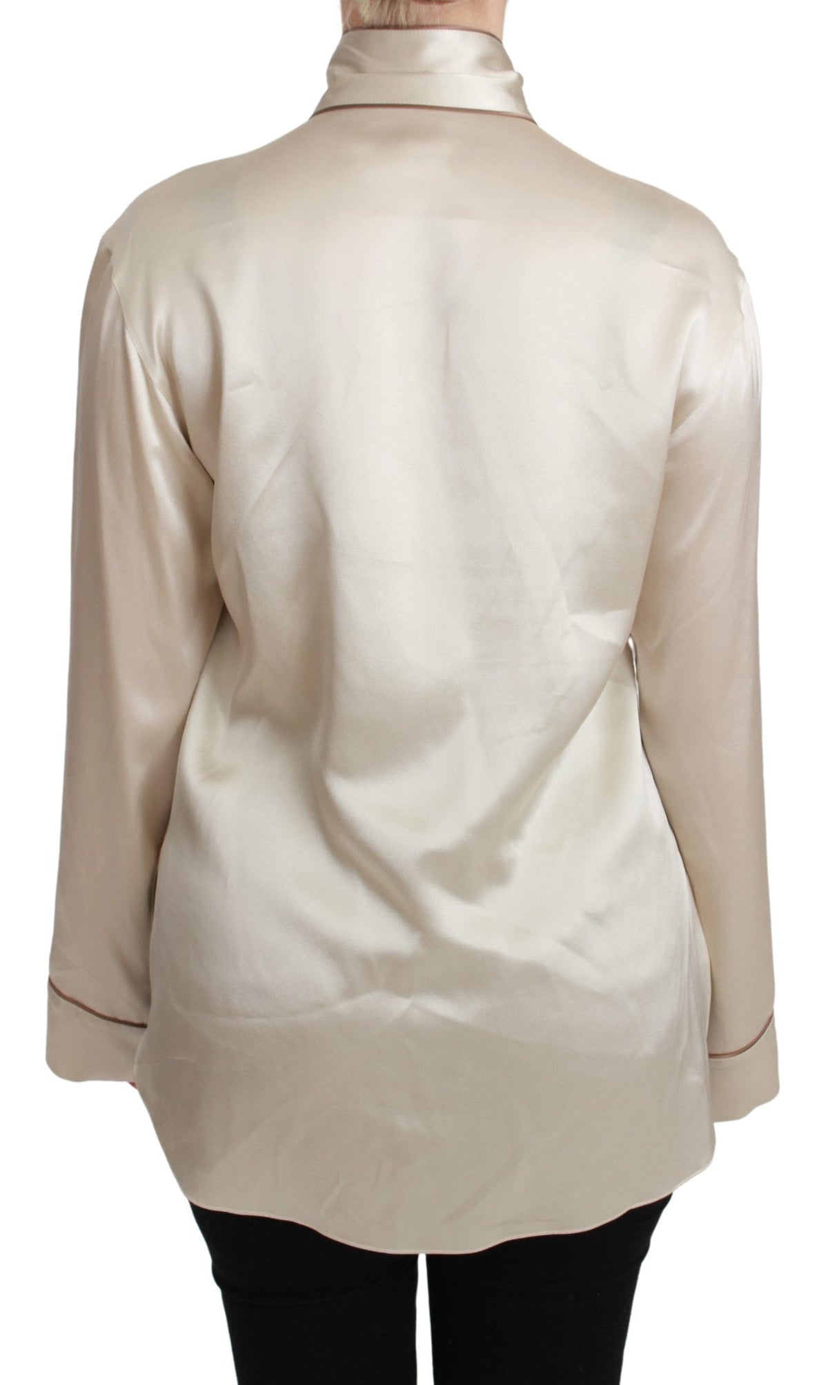 Elegante blusa de satén de seda beige con bordado QUEEN de Dolce &amp; Gabbana