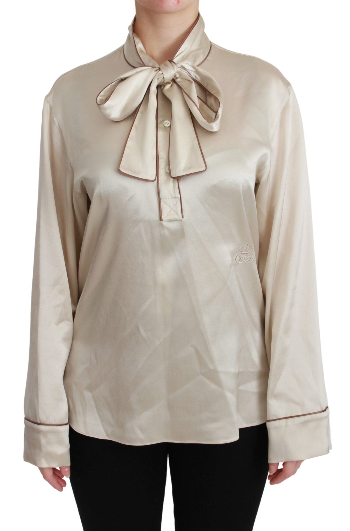 Elegante blusa de satén de seda beige con bordado QUEEN de Dolce &amp; Gabbana