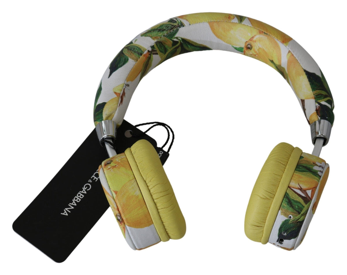 Casque audio Dolce &amp; Gabbana Chic en cuir blanc avec imprimé jaune