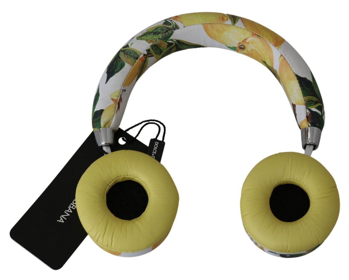 Casque audio Dolce &amp; Gabbana Chic en cuir blanc avec imprimé jaune