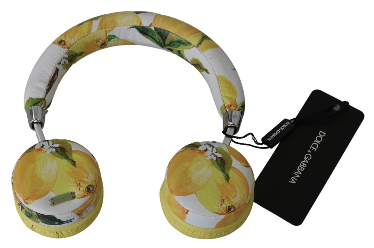 Casque audio Dolce &amp; Gabbana Chic en cuir blanc avec imprimé jaune