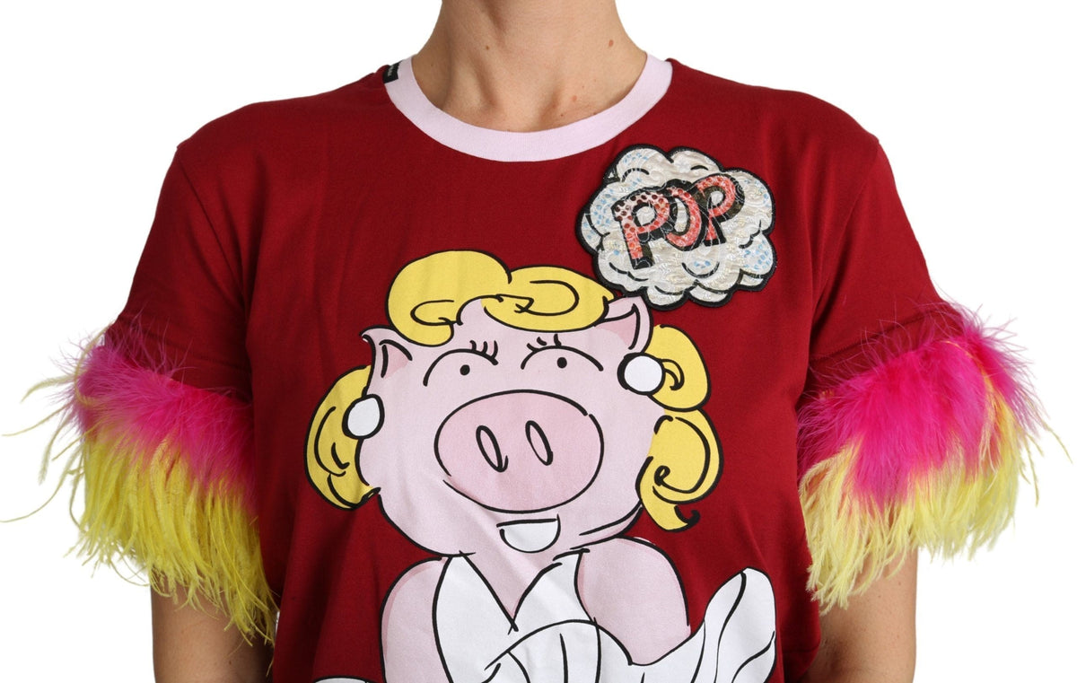 T-shirt ras du cou à imprimé cochon rouge chic Dolce &amp; Gabbana