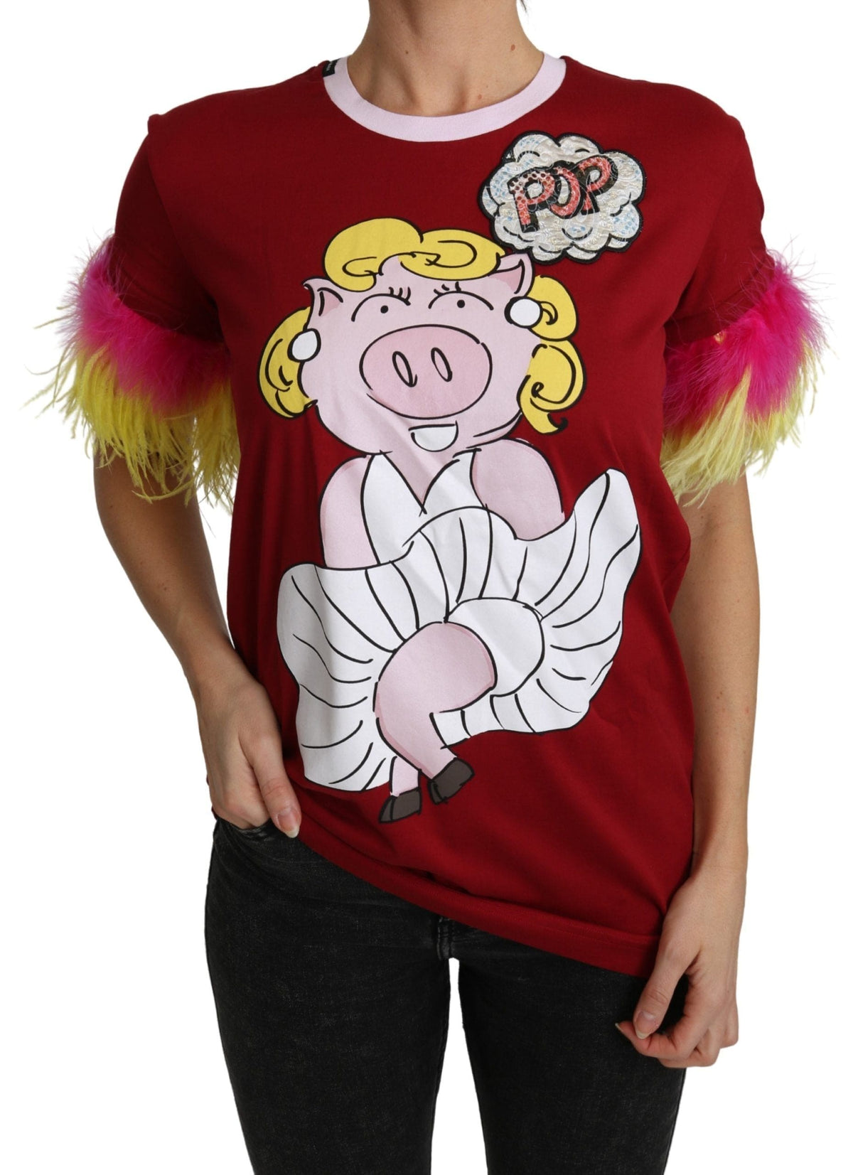 T-shirt ras du cou à imprimé cochon rouge chic Dolce &amp; Gabbana