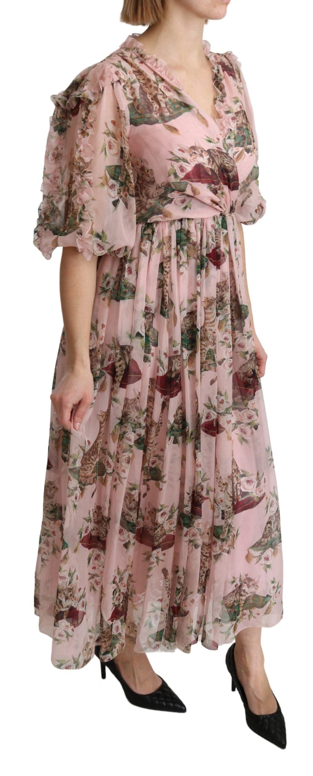 Robe longue trapèze élégante à imprimé chat du Bengale rose Dolce &amp; Gabbana