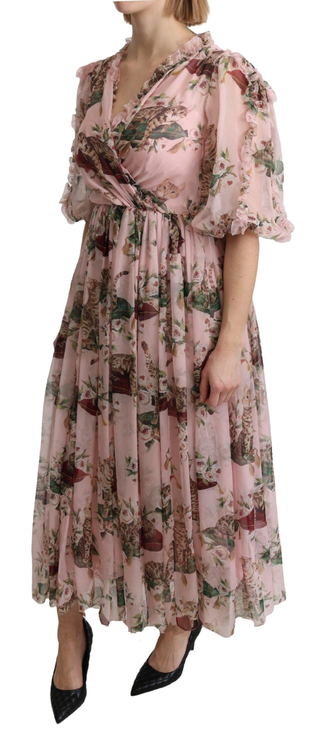 Robe longue trapèze élégante à imprimé chat du Bengale rose Dolce &amp; Gabbana