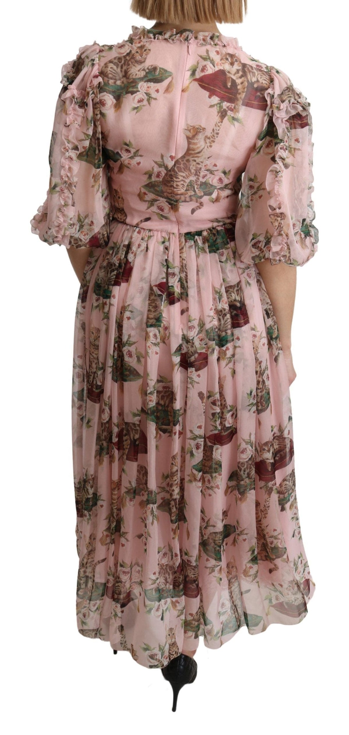 Robe longue trapèze élégante à imprimé chat du Bengale rose Dolce &amp; Gabbana