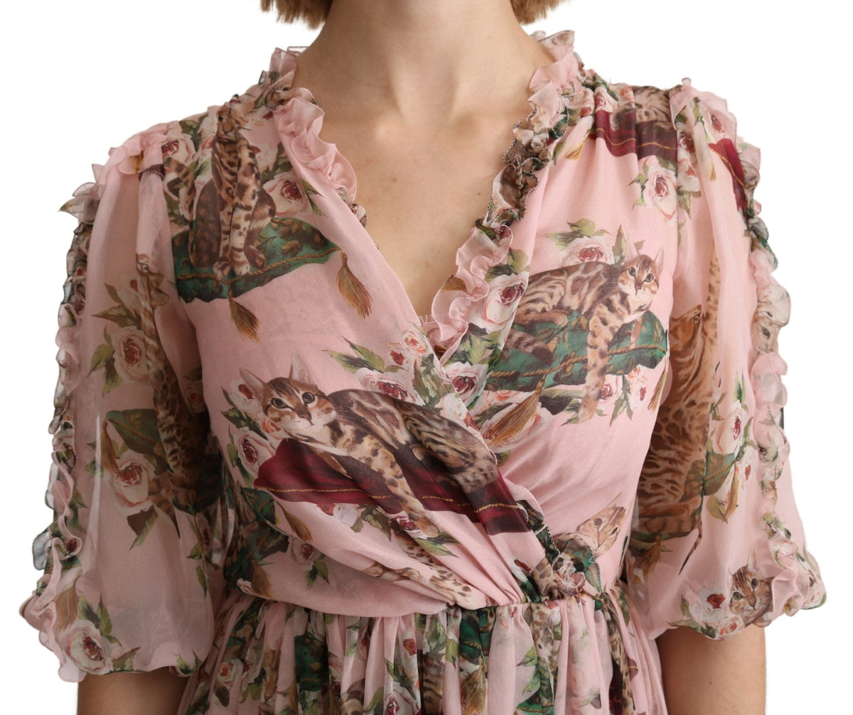 Robe longue trapèze élégante à imprimé chat du Bengale rose Dolce &amp; Gabbana