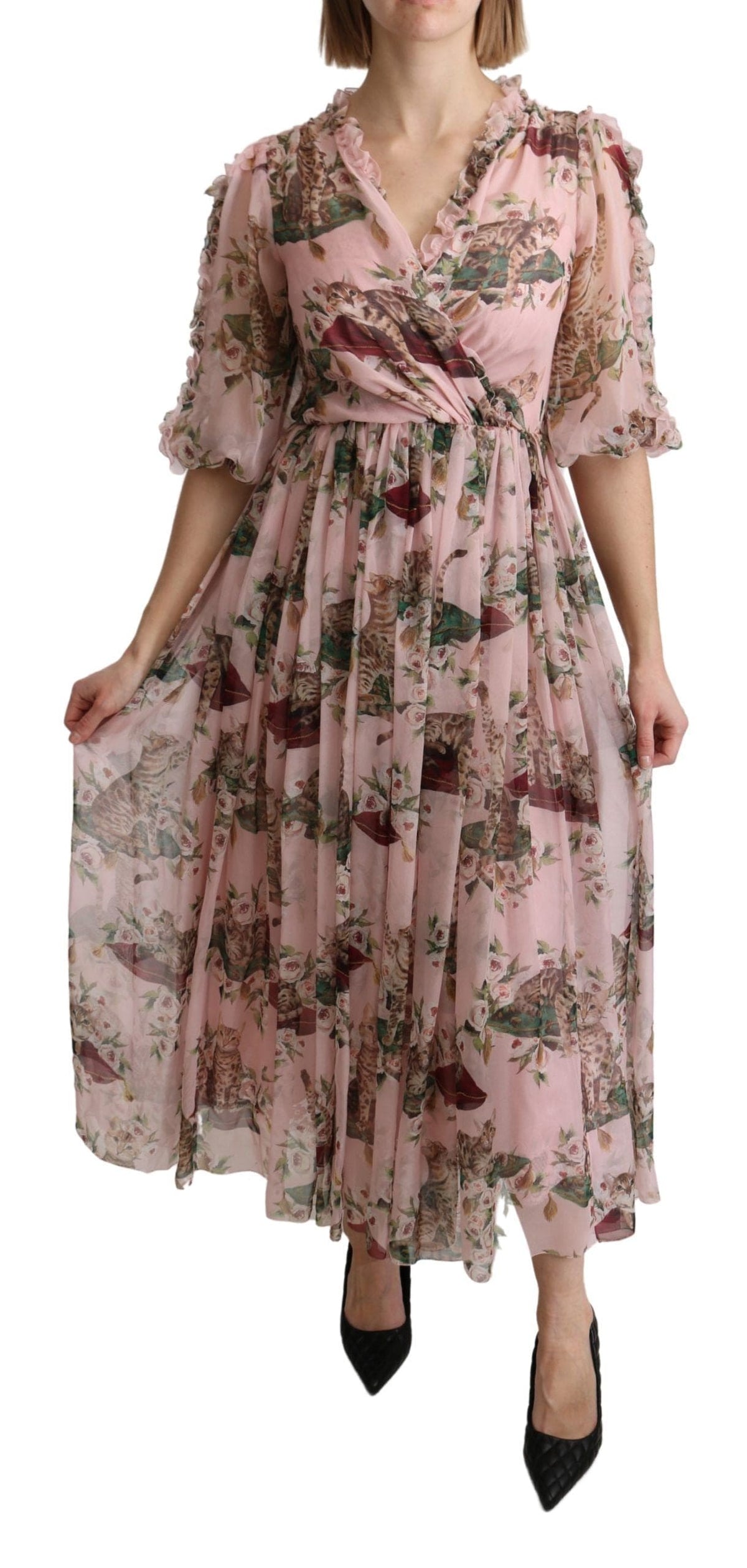 Robe longue trapèze élégante à imprimé chat du Bengale rose Dolce &amp; Gabbana